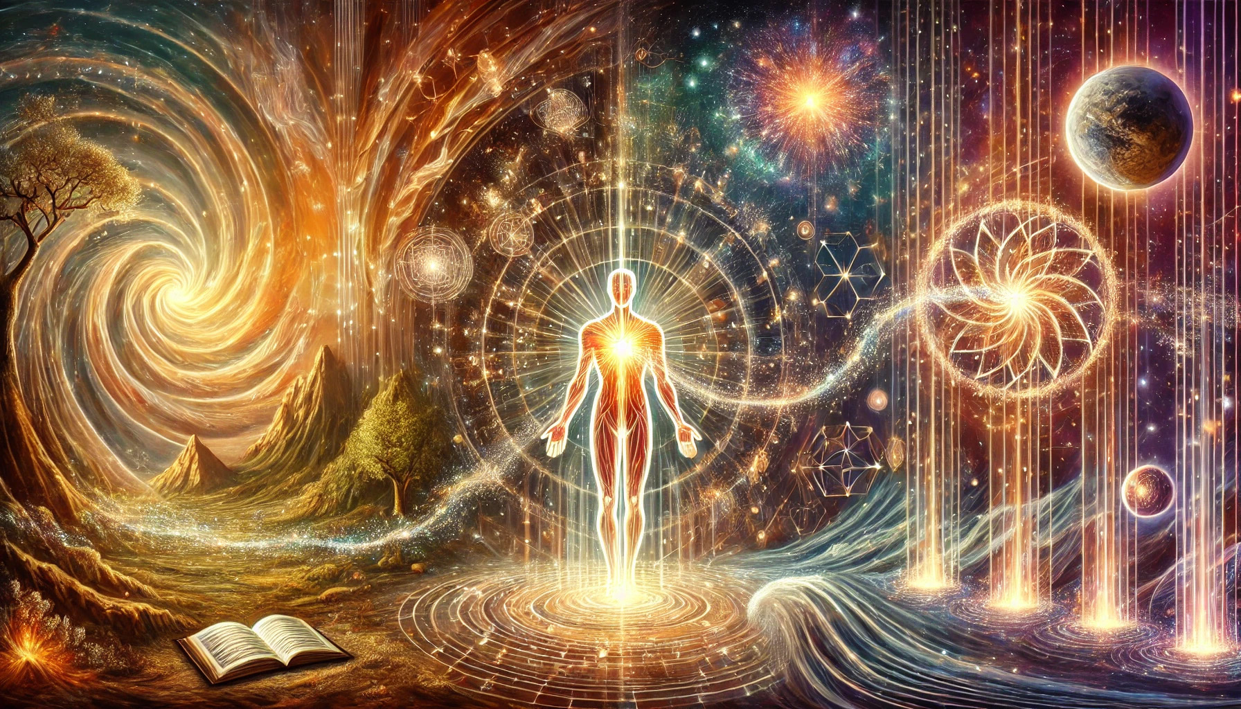 Nouveaux soins de l’être Nouveaux soins de l’être. L'image représente la révélation de la lumière intérieure, l'alignement des corps subtils et le cheminement vers l'ascension spirituelle. Elle capture visuellement la transformation et la connexion harmonieuse entre la Terre et les dimensions célestes.